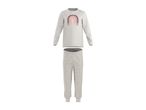 Children's pajama set with a white long-sleeved top featuring a rainbow graphic and polka dot bottoms.
