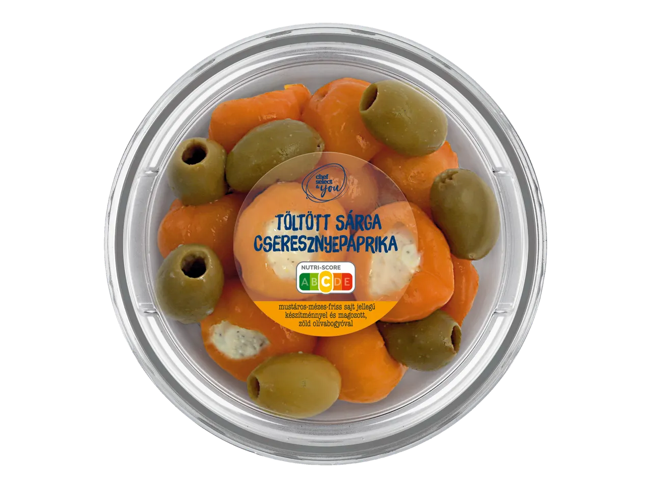 Töltött paprikák és zöld olajbogyó Chef Select & You edényben.
