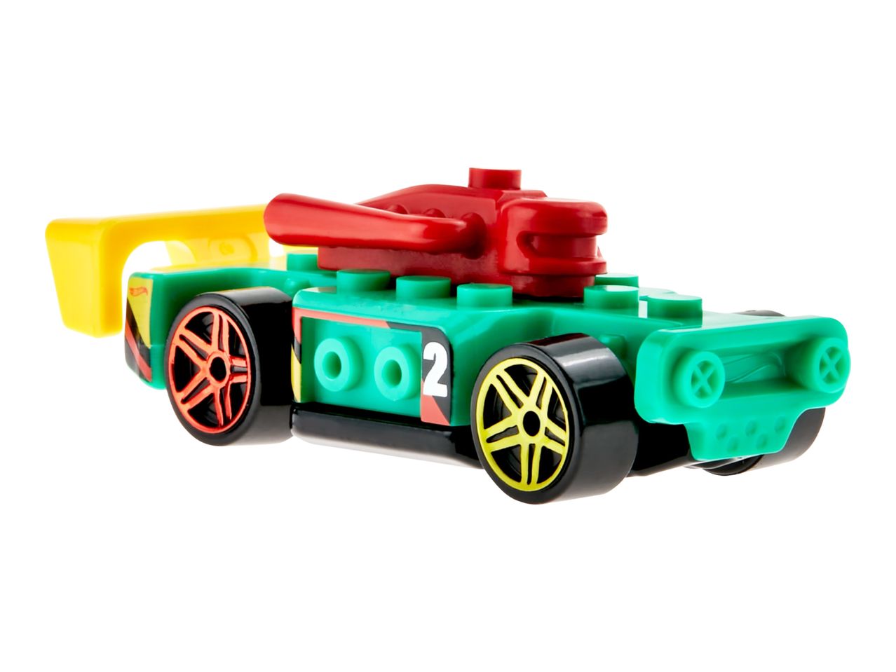 Green toy race car with red and yellow accents, featuring the number '002' on the side.