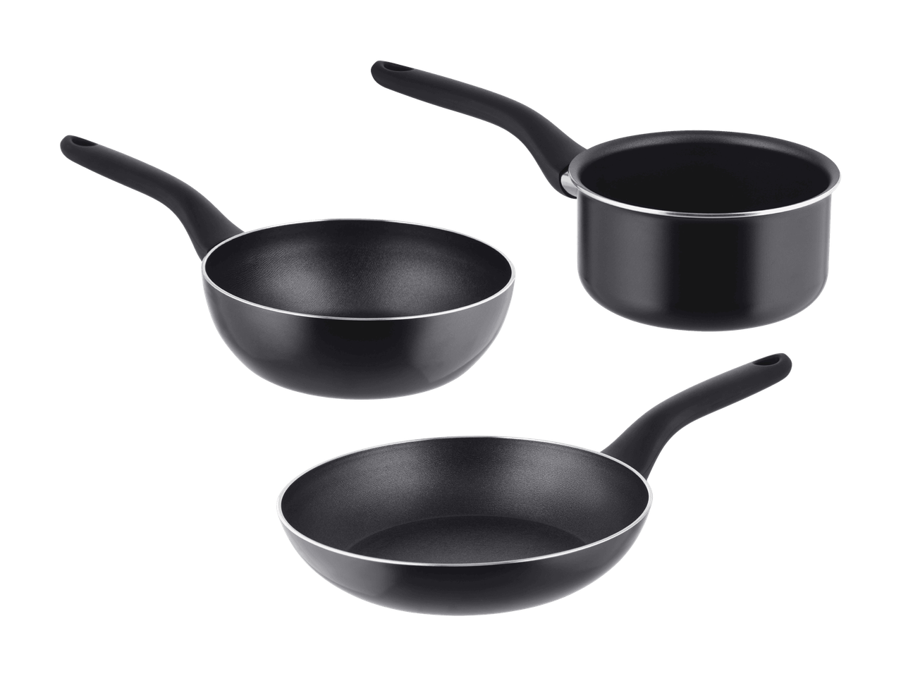 Set aus drei schwarzen Pfannen und Töpfen in verschiedenen Größen mit Griffen.