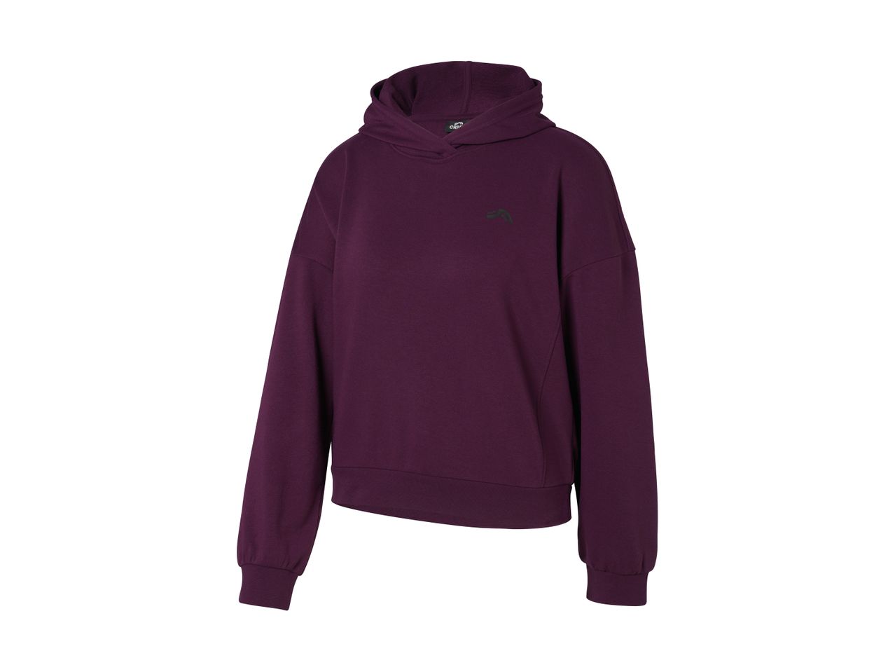 Purple hoodie with a small black logo on the chest