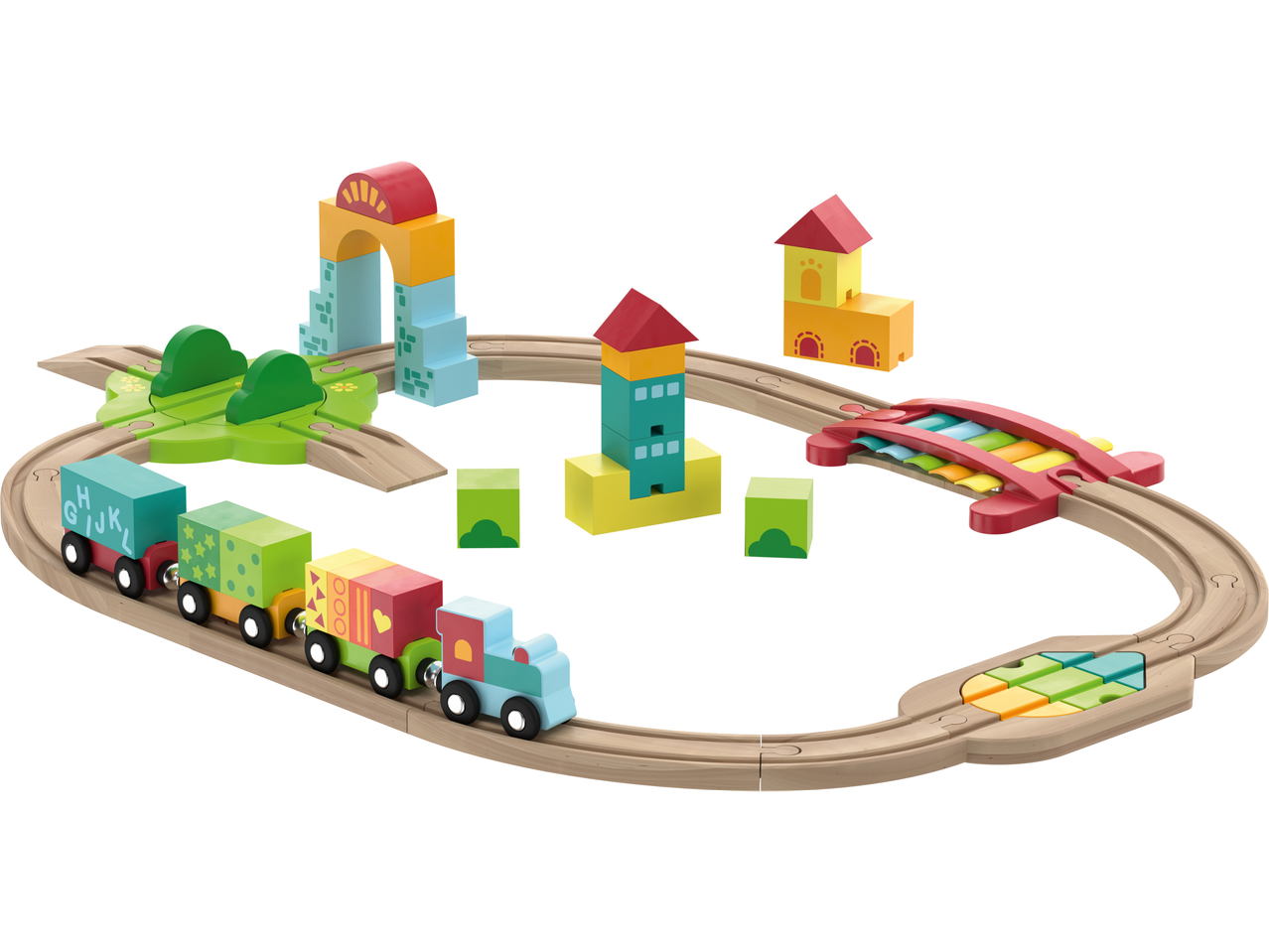 LUPILU® medinis traukinio rinkinys su bėgiais, vagonais, tiltu ir pastatais