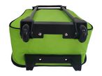 Bottom view of a bright green shopping trolley with black wheels and frame.