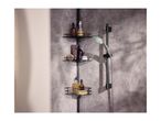 Shower caddy with bottles and a shower head with green lights in a modern bathroom.