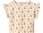 Cream baby top with ruffled sleeves and small red floral print, snap button at the neck.