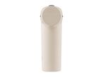 Cream-colored automatic soap dispenser with a black top, viewed from the front.