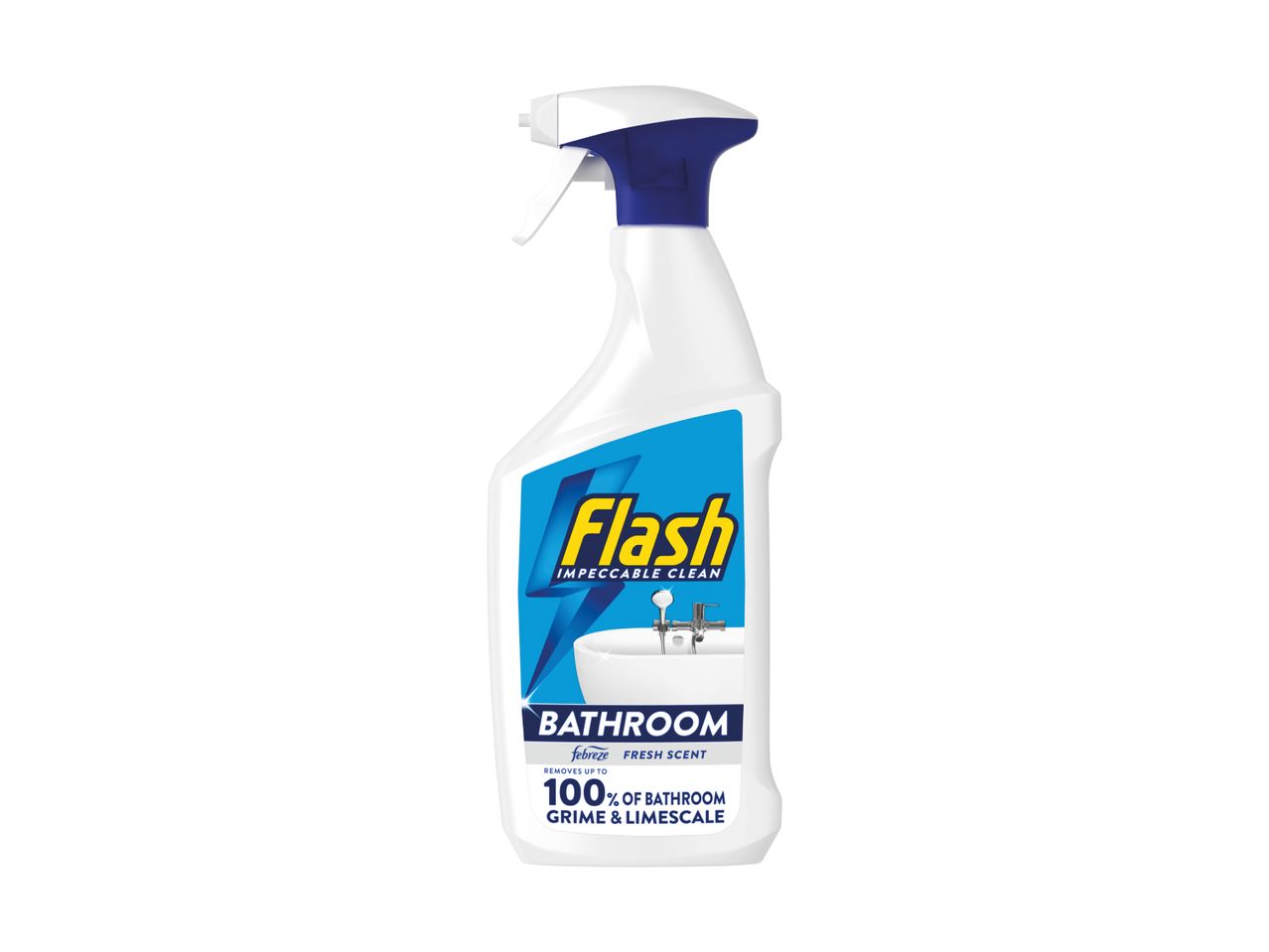Flash Impeccable Clean Bathroom spray with Febreze, removes 100% of grime and limescale.