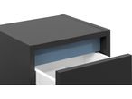 A dark gray nightstand with a single drawer, featuring a light blue interior accent.