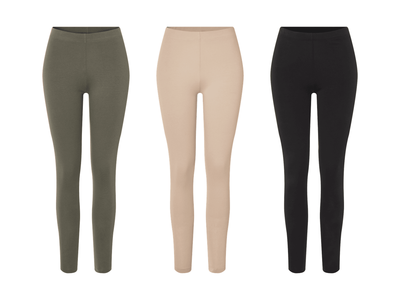 Drei Leggings in Khaki, Beige und Schwarz auf schwarzem Hintergrund.