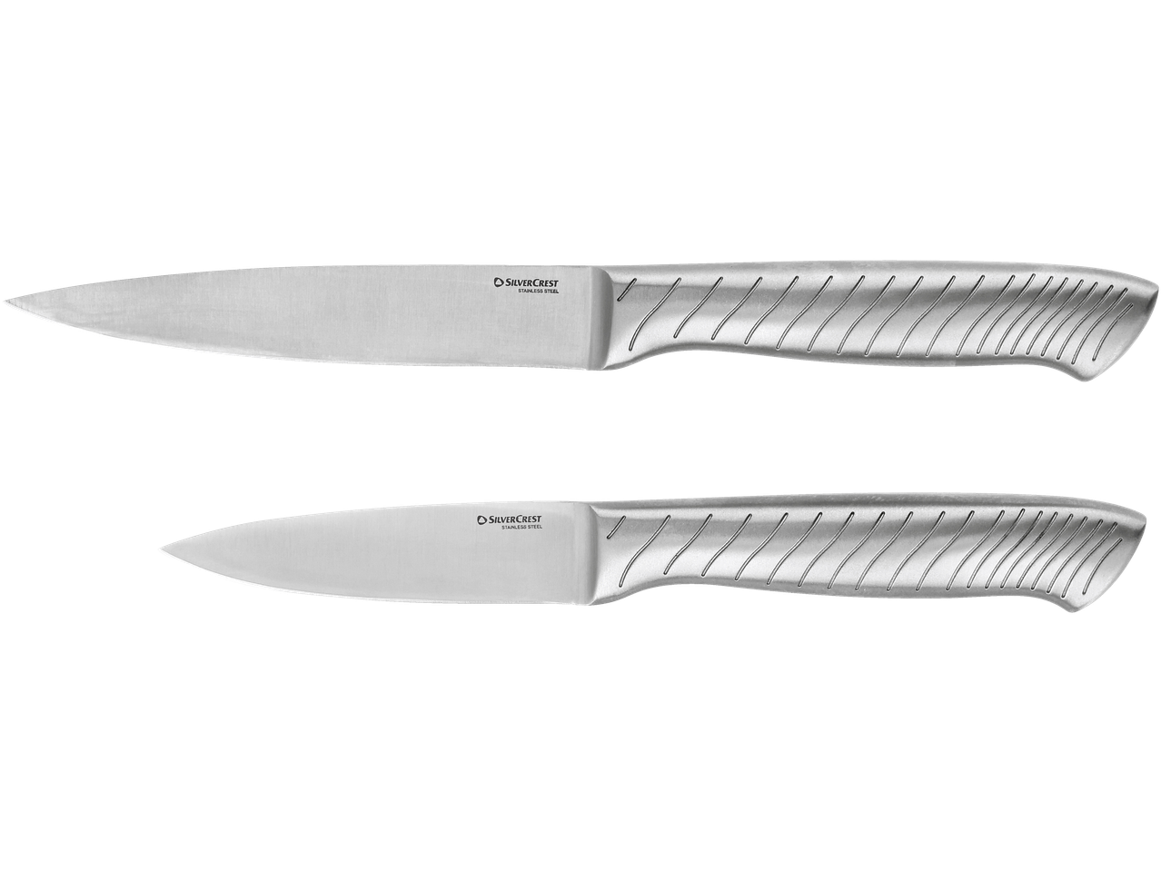 Du SILVERCREST nerūdijančio plieno peiliai su grioveliais rankenose.