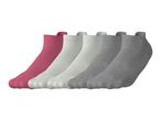 Five pairs of ankle socks in pink, light grey, and dark grey, arranged in a row.