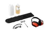 Kit de acessórios Parkside com óleo de corrente, protetor auricular, óculos e chave.