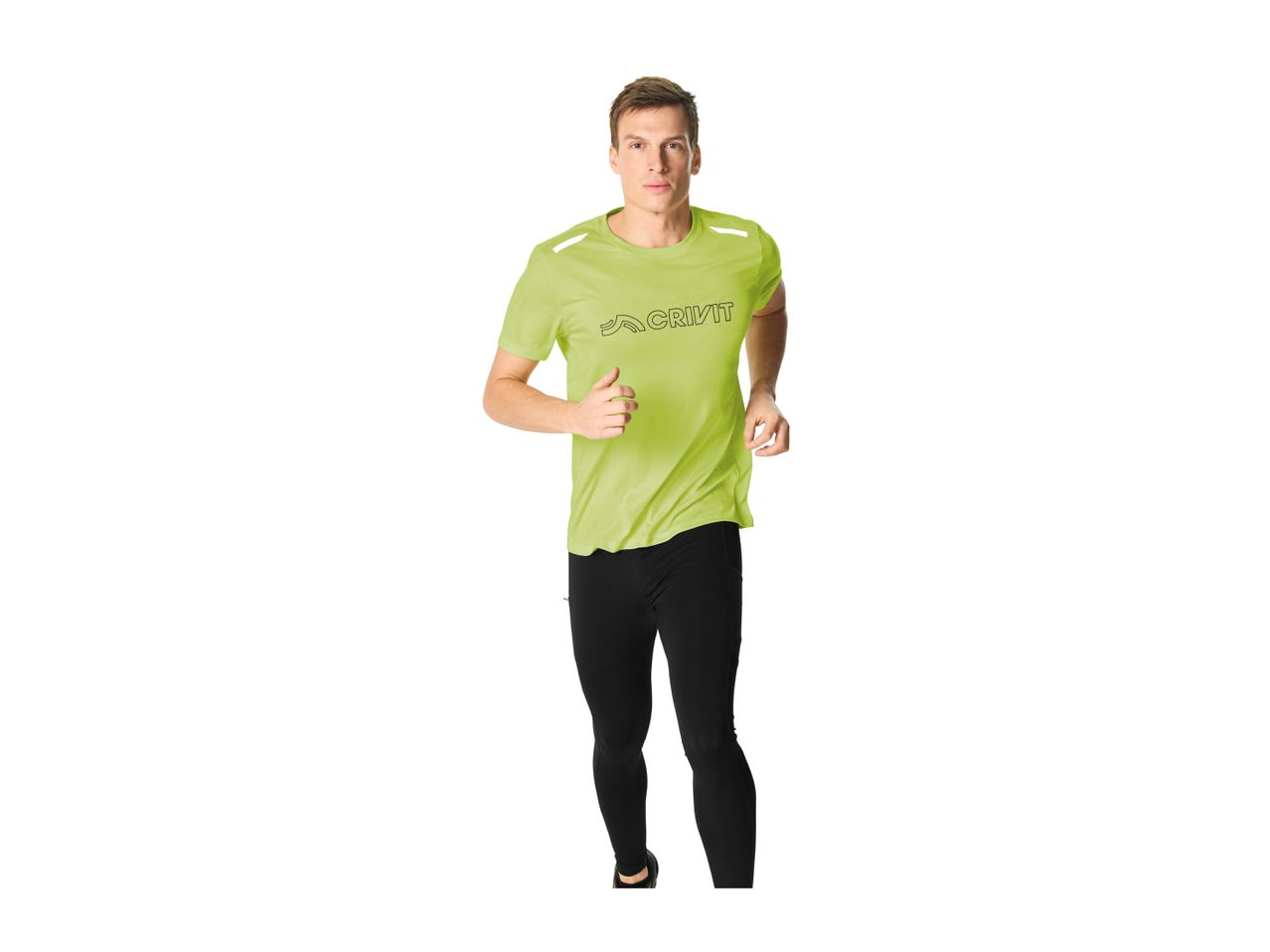 Man running in a lime green short-sleeved sports shirt and black sports leggings.