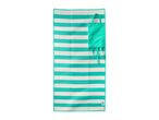 Striped beach mat with an attached turquoise bag.