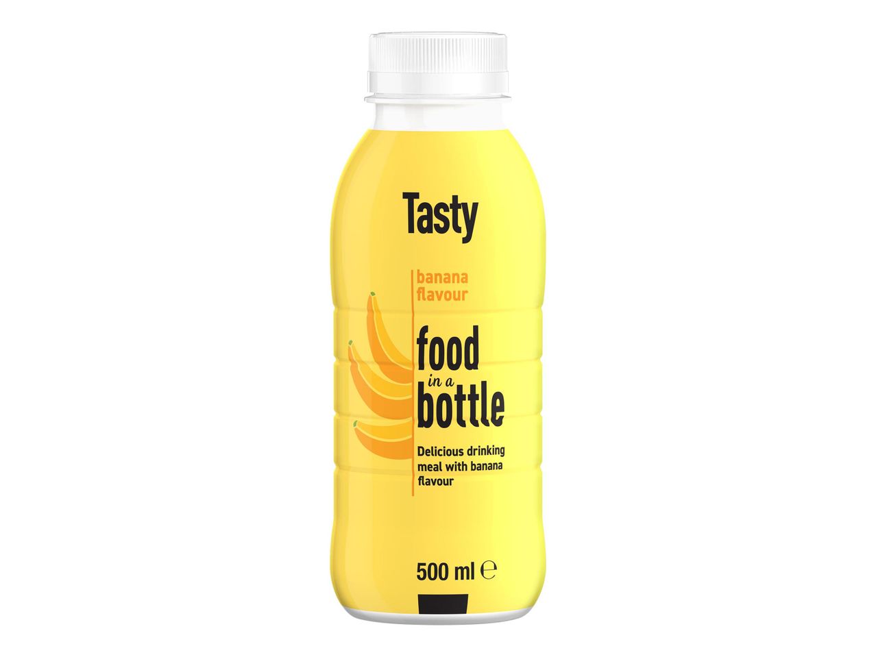 Sárga színű, „Tasty” márkájú, banánízű, „food in a bottle” feliratú ital, 500 ml-es kiszerelésben.
