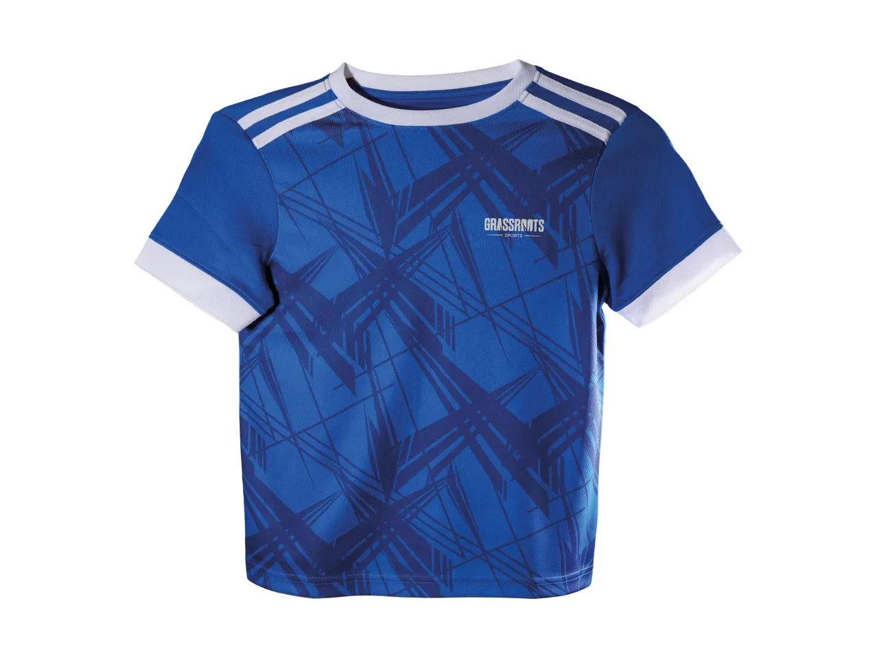 Blue sports t-shirt with white stripes on the shoulders and a graphic pattern.
