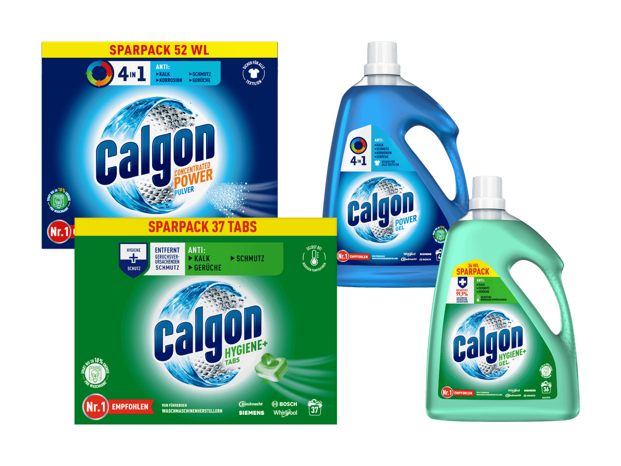 Calgon 4-in-1 Power Pulver, Gel und Hygiene+ Tabs für Waschmaschinen