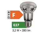 LED žarnica E27 z oznako energijske učinkovitosti F, 3,2 W in 280 lm.