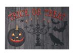 Halloween-themed doormat with a jack-o'-lantern, candelabra, bats, and a crow.