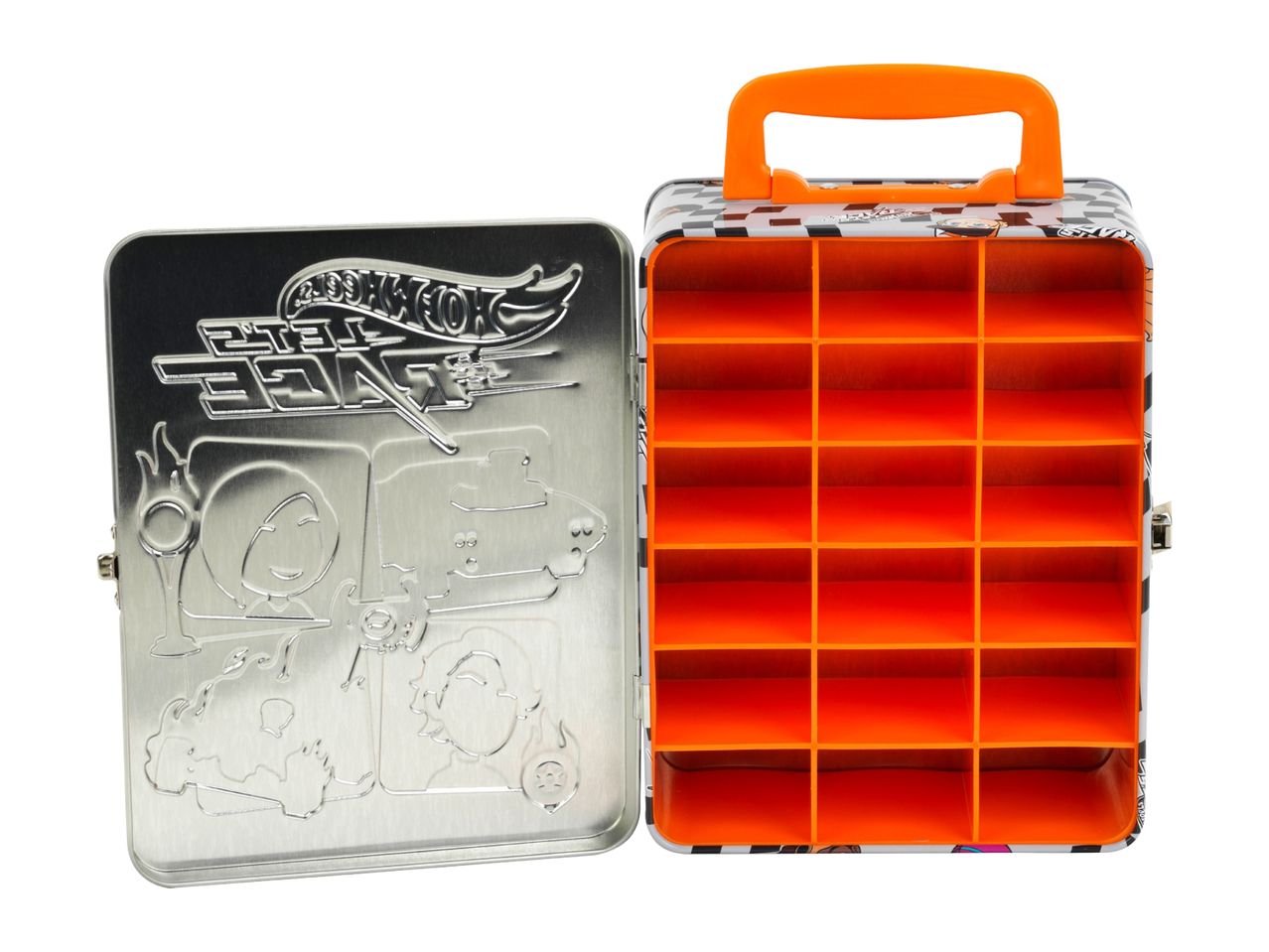 Open metal toy car carrying case with orange compartments and embossed lid.