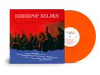Oranje vinylplaat met hoes van Nederpop Helden, met een concertpubliek en artiestenlijst.