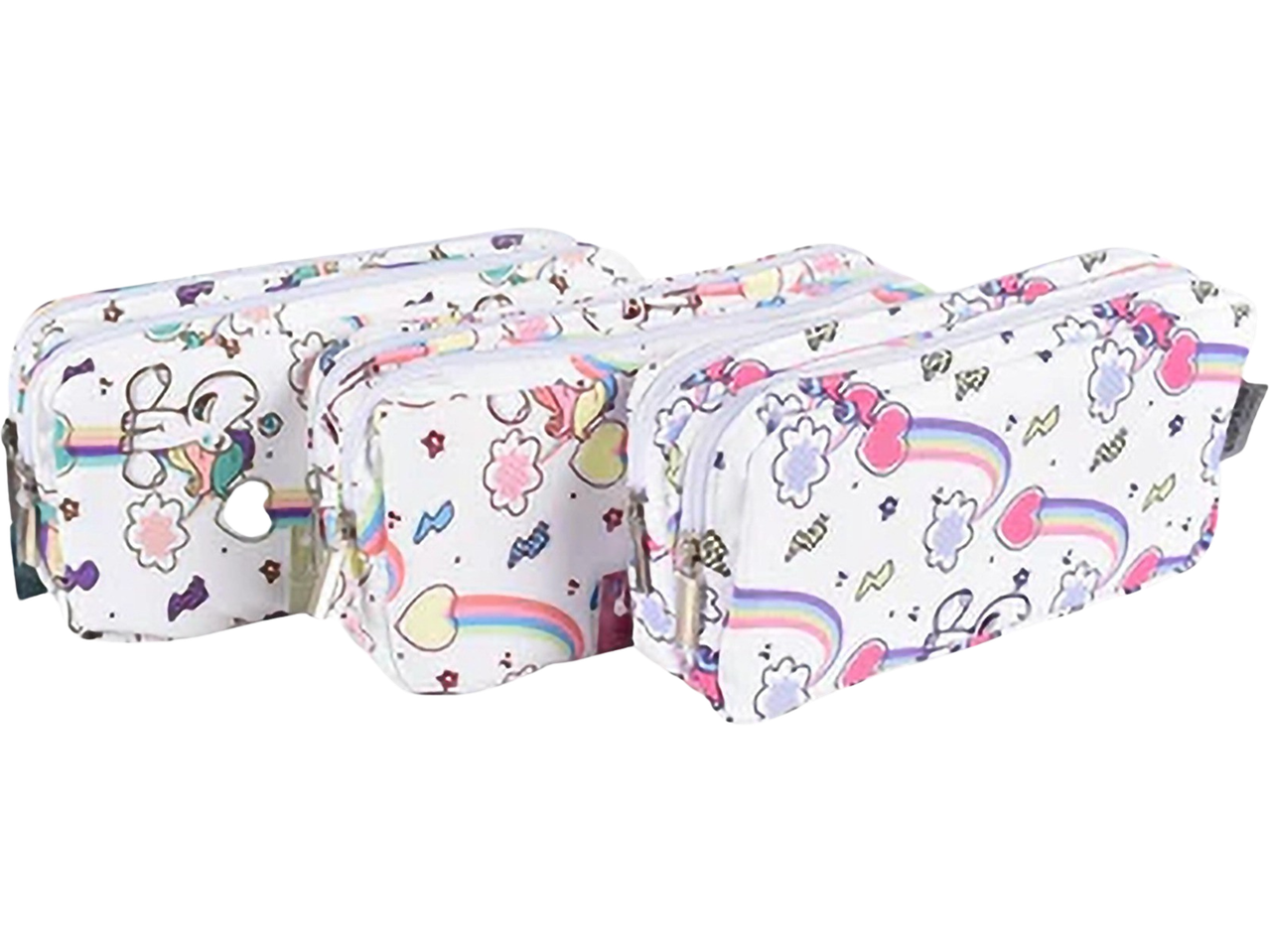 Pencil cases featuring rainbows and unicorns.