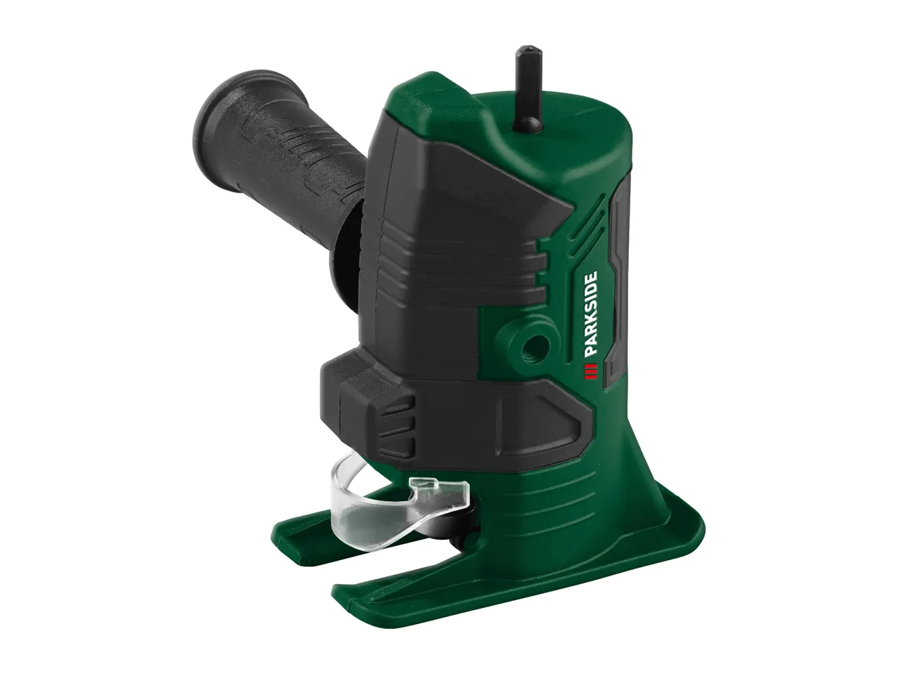 Green and black drill-powered jigsaw attachment with an auxiliary handle