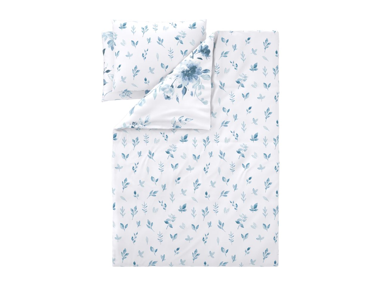 White duvet cover and pillowcase set with blue watercolor floral and leaf patterns.