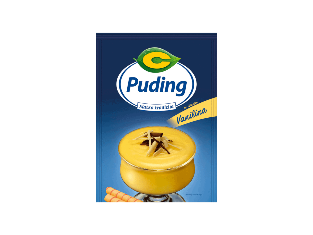 Pakovanje pudinga od vanile sa slikom gotovog pudinga u činiji.