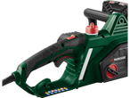 Tuvplānā redzams zaļš un melns elektriskais motorzāģis ar sarkanām pogām un caurspīdīgu eļļas līmeņa indikatoru.