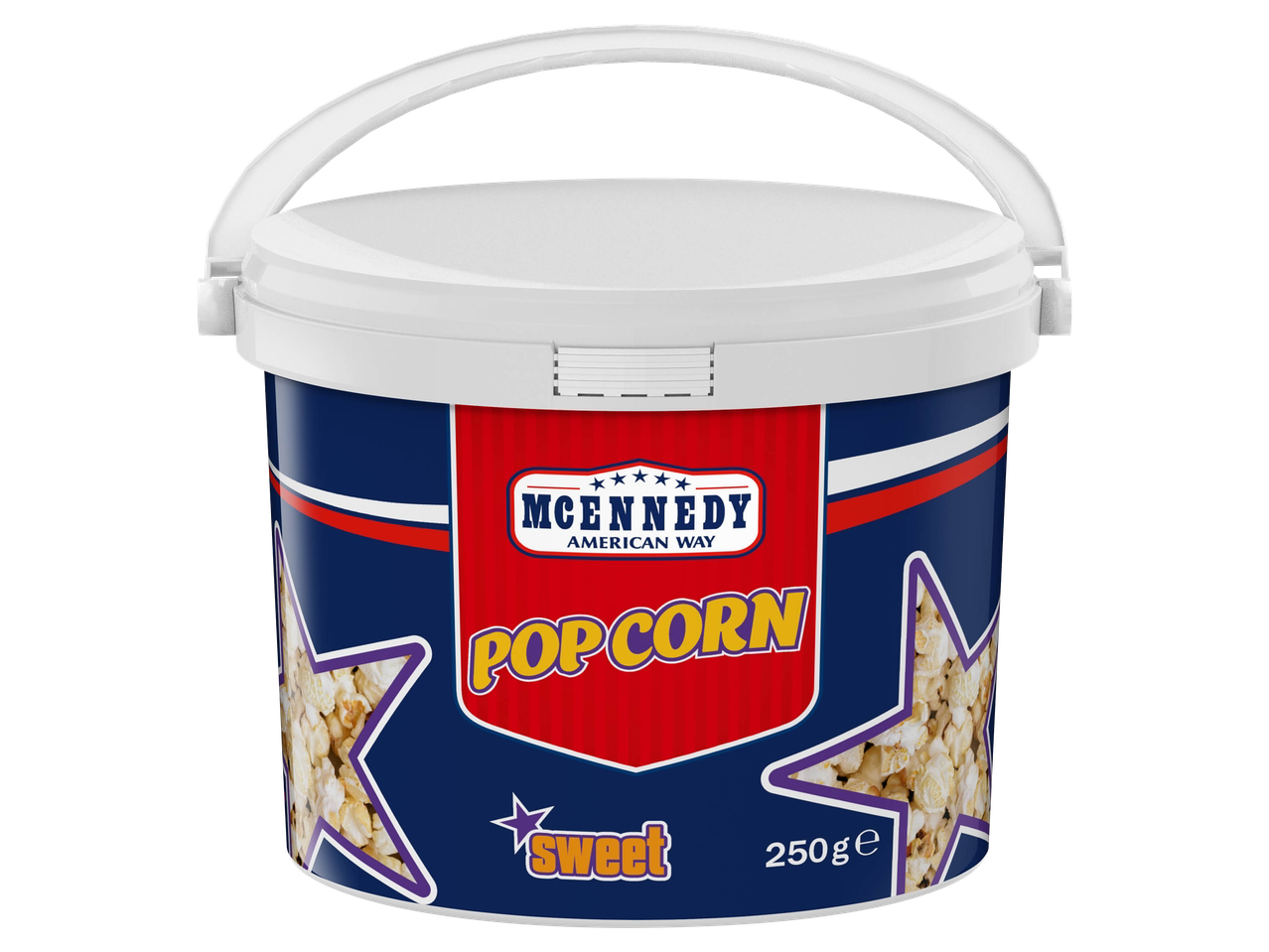McKennedy sweet popcorn in a plastic bucket.