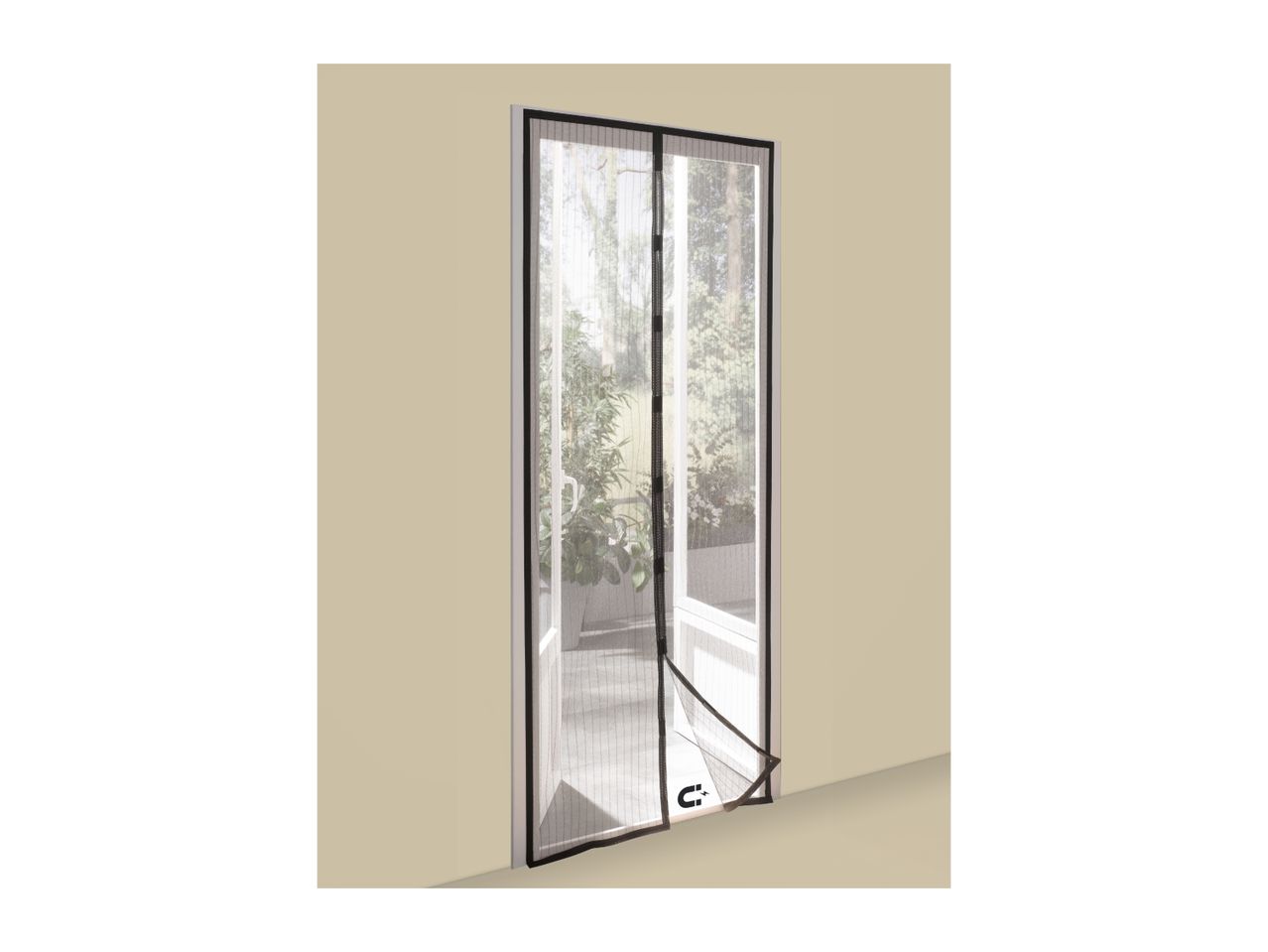Magnetic insect screen for a door, with a view of a garden through the mesh.