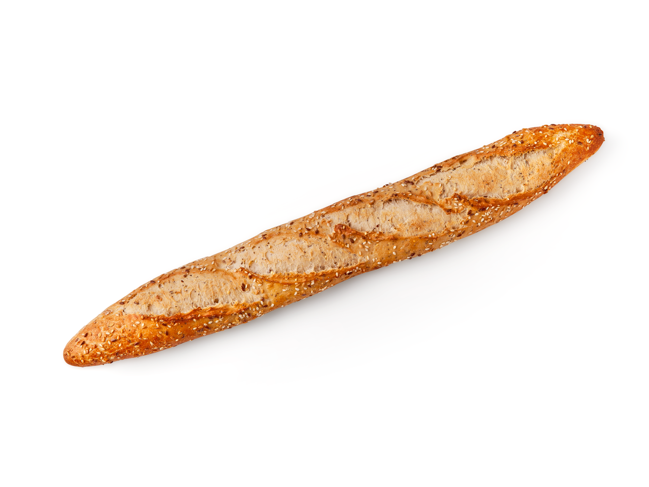 Sesam-Baguette auf weißem Hintergrund.