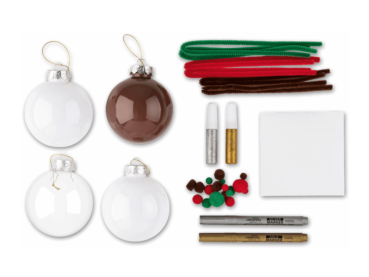 Weihnachtskugel-Bastelset mit Kugeln, Pfeifenreinigern, Pompons, Glitzer und Markern