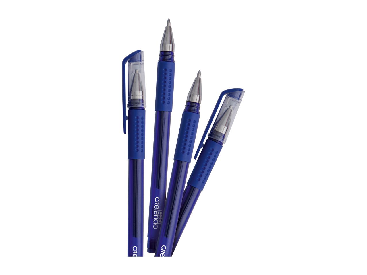 Four blue gel pens with clear caps and textured grips, arranged diagonally.