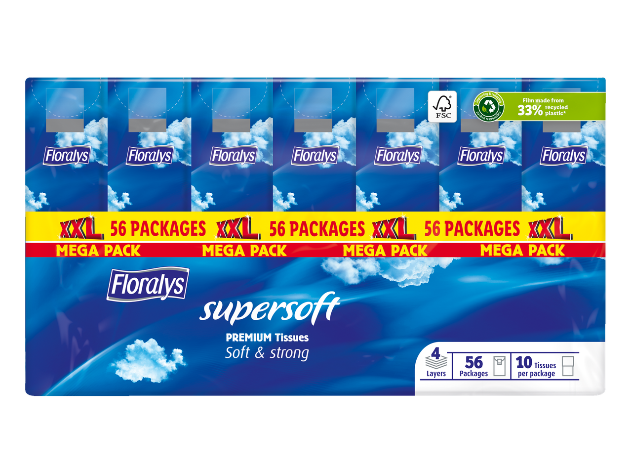 Floralys Supersoft XXL tissues, 56 verpakkingen, 4-laags, 10 tissues per verpakking