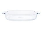 A clear glass rectangular baking dish with handles.
