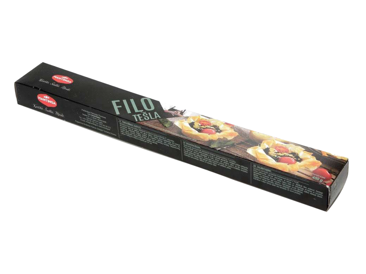 MANTINGA Filo mīklas iepakojums ar gatavu ēdienu attēlu un 450g svaru.