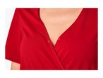 Close-up of a red wrap dress with snap fasteners on the neckline.