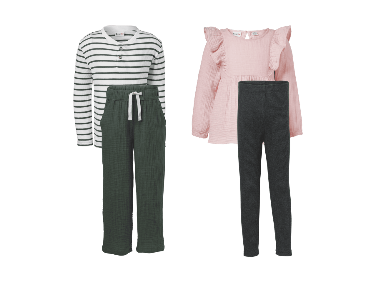 To sæt babytøj: et stribet sæt med grønne bukser og et lyserødt sæt med mørkegrå leggings.
