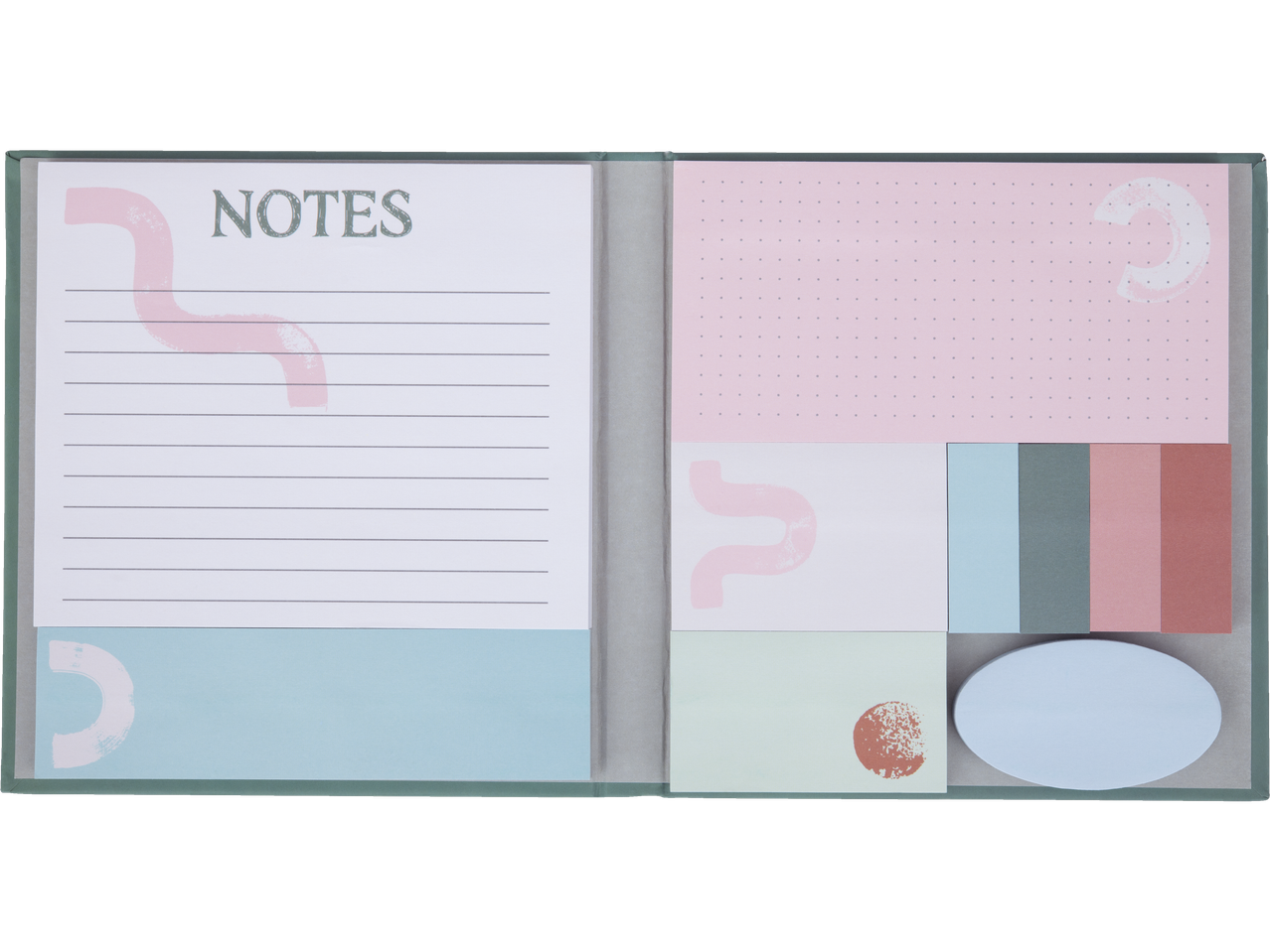 Užrašų bloknotas su įvairių formų ir spalvų lipdukais.
