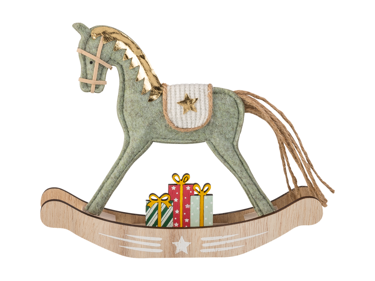 Livarno Home jõulukaunistus: roheline kiikhobune kingitustega