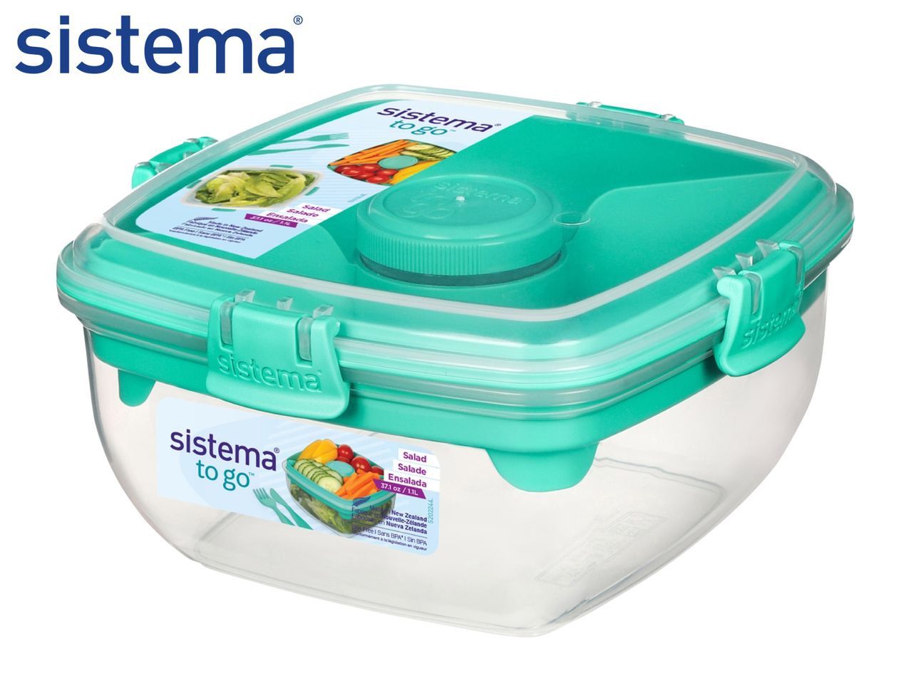 Clear salad container with a teal lid, featuring a smaller inner compartment and secure clips.