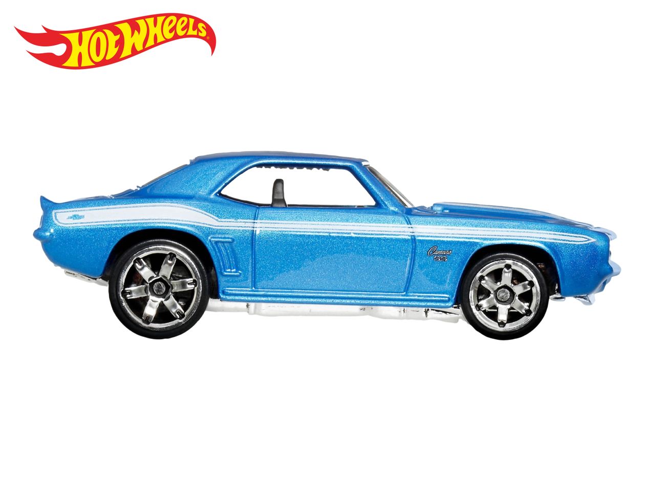 Blue toy car with white stripes and a logo on the side, with a red and yellow logo above.