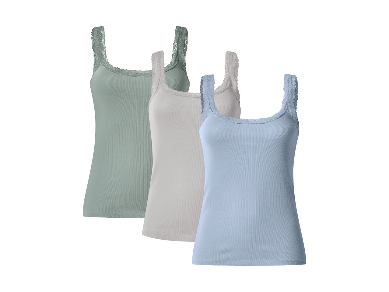 Three ribbed tank tops with lace trim in green, beige, and blue.