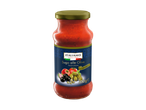 Bocal de sauce tomate aux olives, ail et câpres, avec l'inscription 'Sugo alle Olive' et '350g e'.