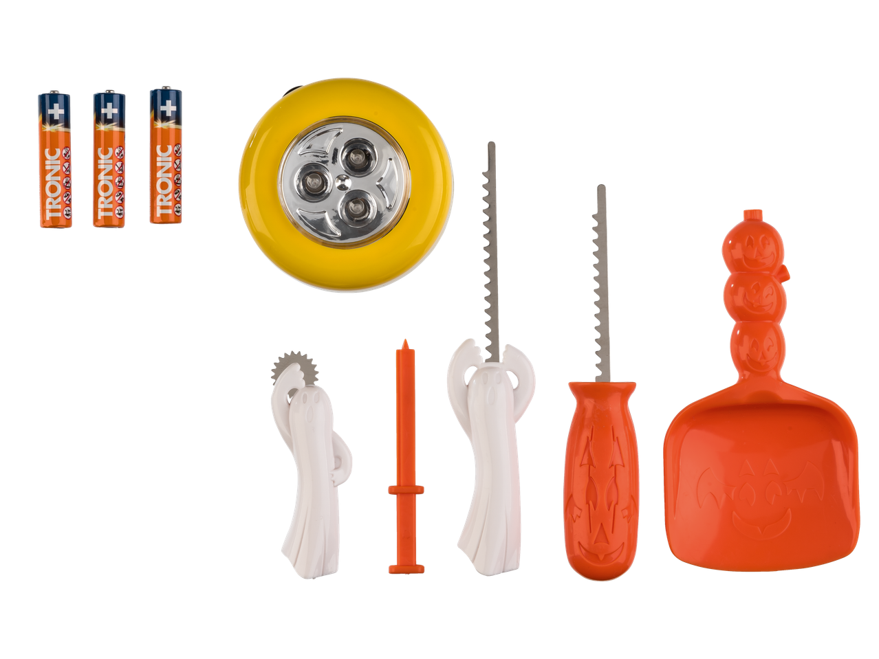 LIVARNO home Halloween Pumpkin Carving Set with batteries, flashlight, and tools.