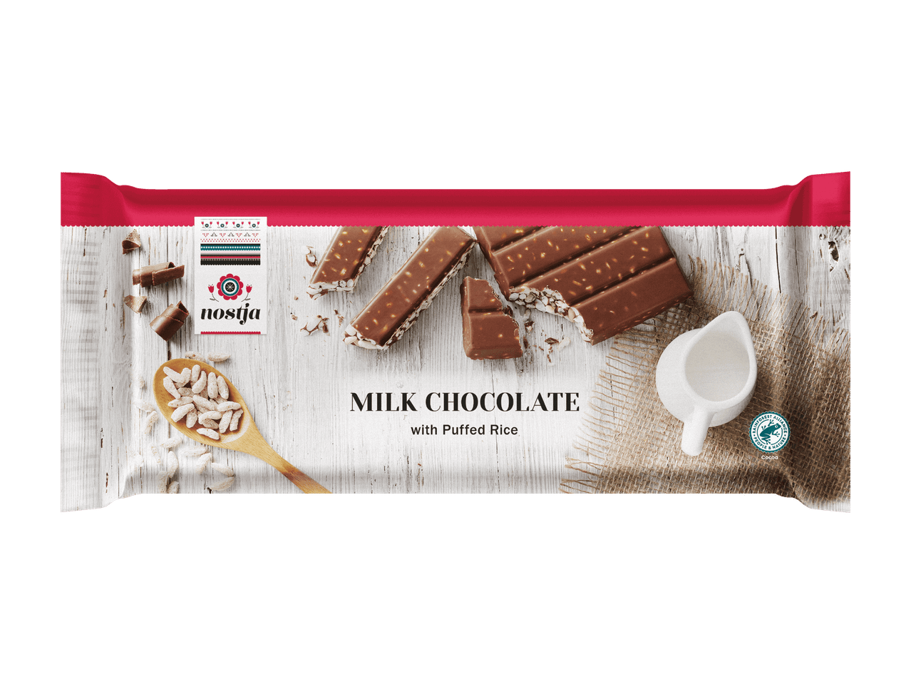 Nostija Milchschokolade mit Puffreis in Verpackung.