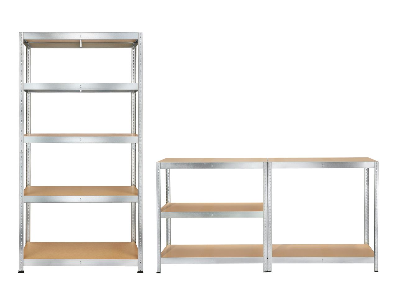 Metalinių lentynų komplektas: viena aukšta ir dvi žemos.