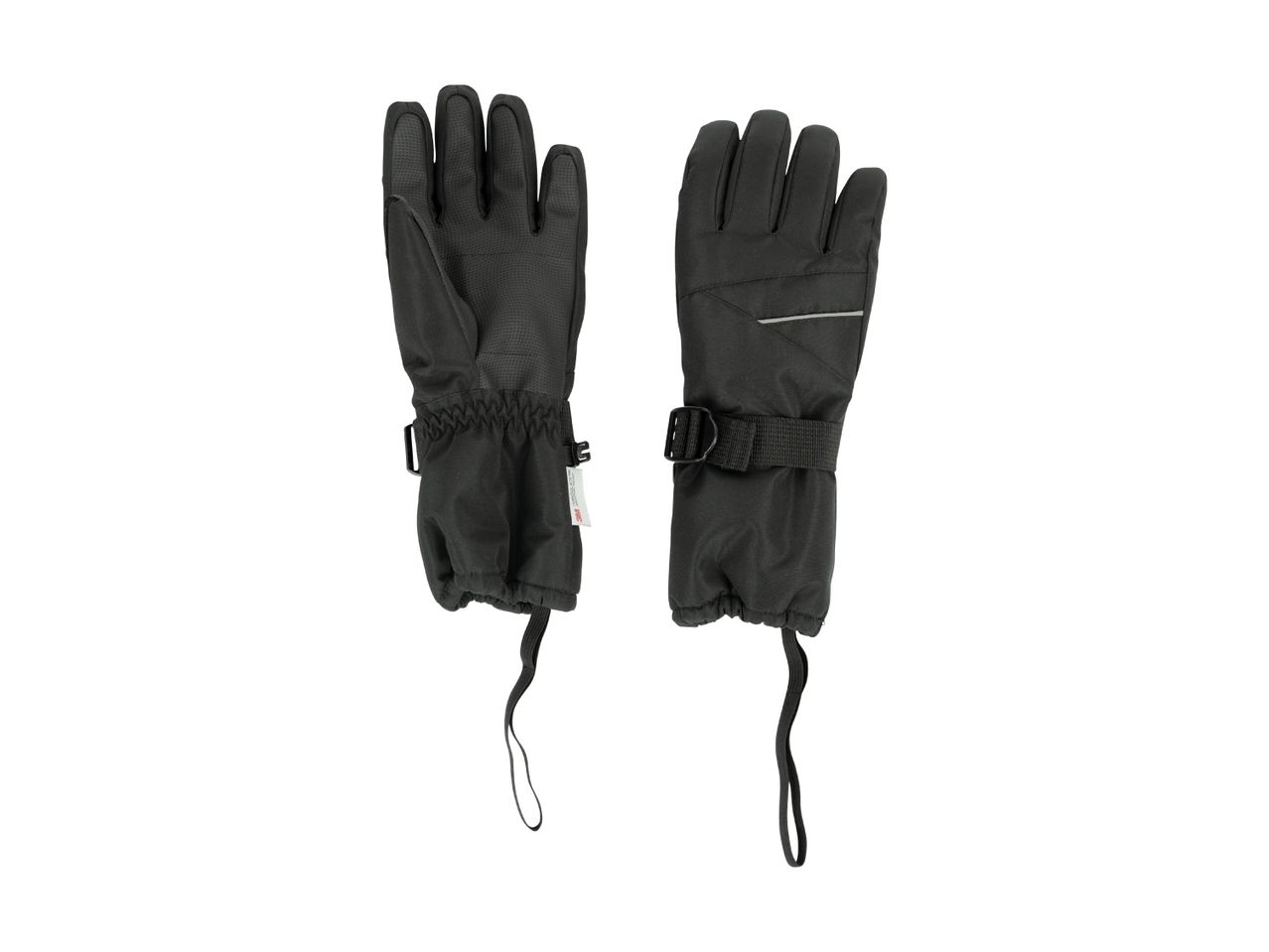 Pair of black winter gloves with adjustable wrist straps and textured palms.